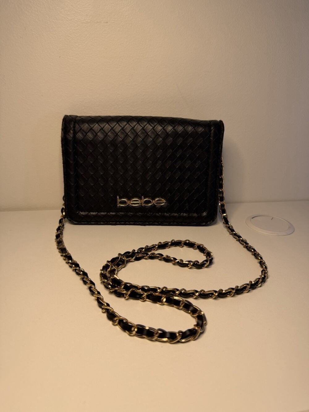 Bebe Taffy Crossbody Mini Woven Chain Strap Bag Purse Shoulder Clutch Black Gold